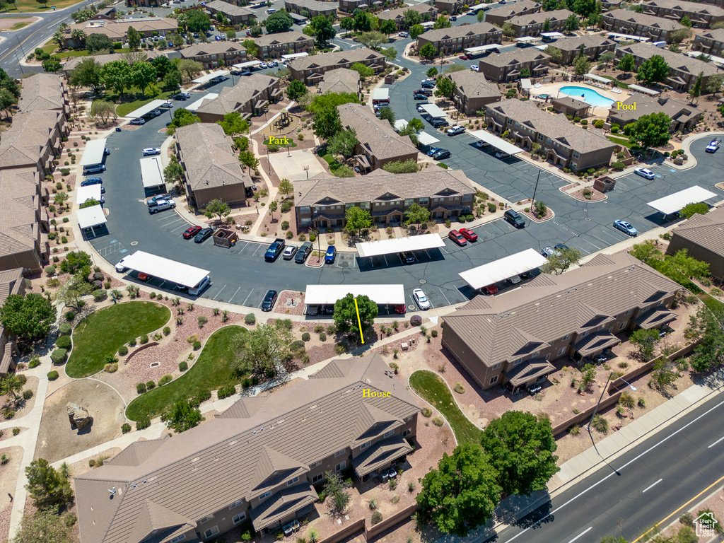 Aerial view of residential area with a pool area