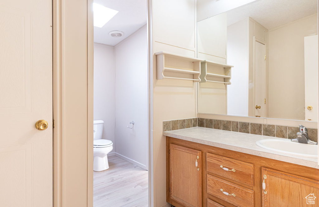 Bathroom featuring vanity, wood finished floors, and a skylight