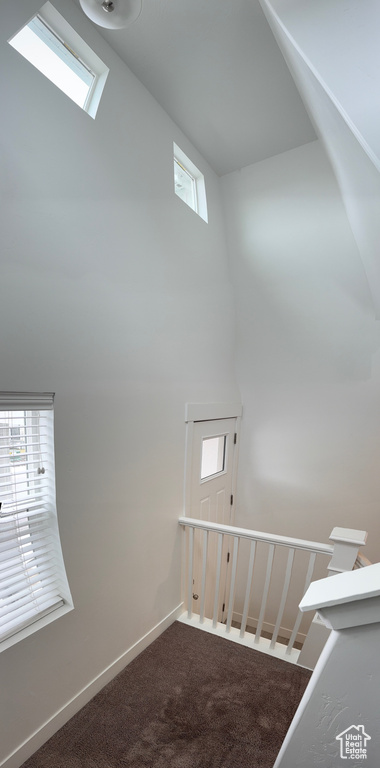 Staircase featuring a towering ceiling and carpet floors