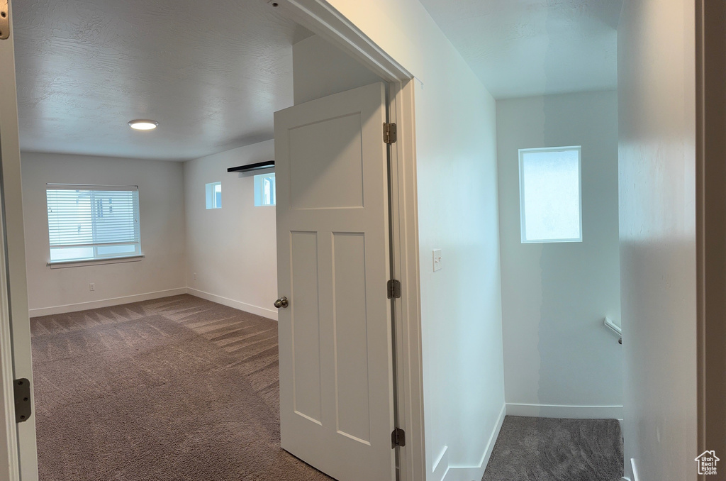 Hallway with carpet floors and baseboards