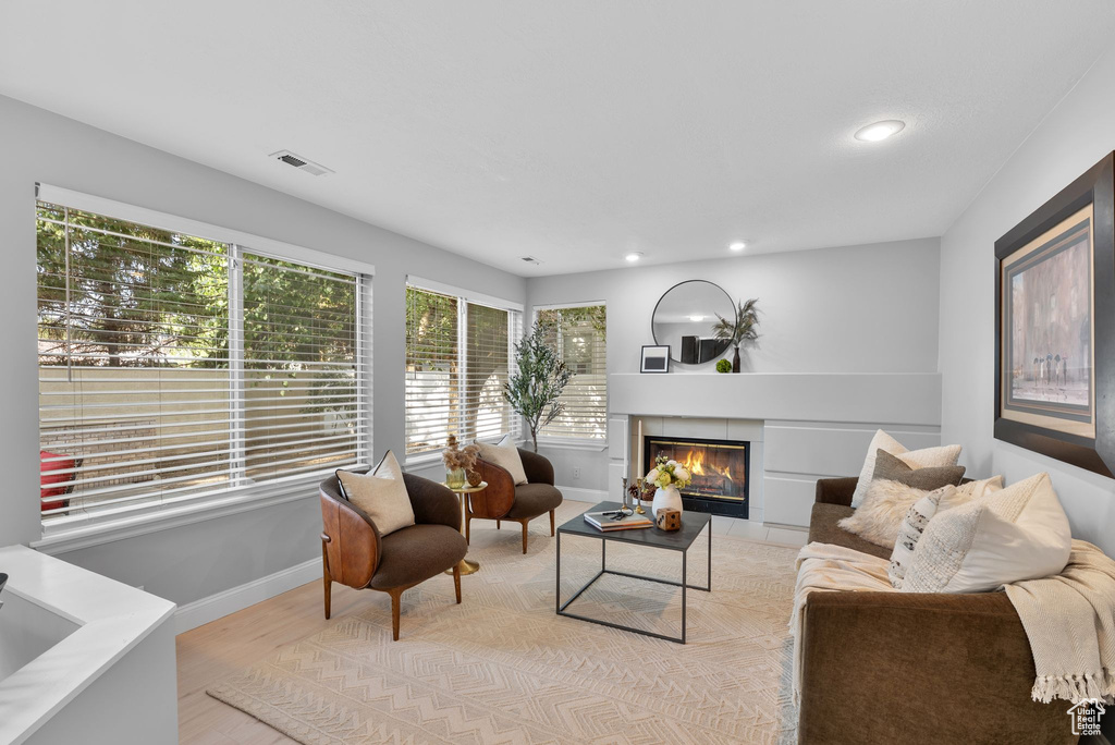 Living room with wood finished floors, a fireplace, and recessed lighting