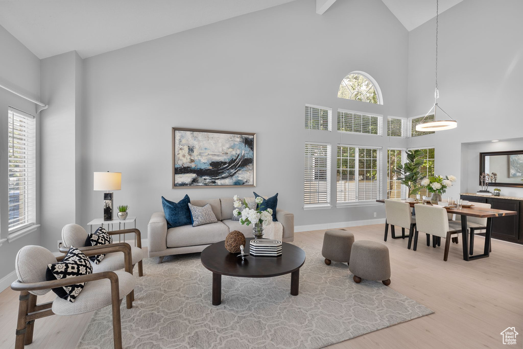 Living room with light wood-style flooring and high vaulted ceiling