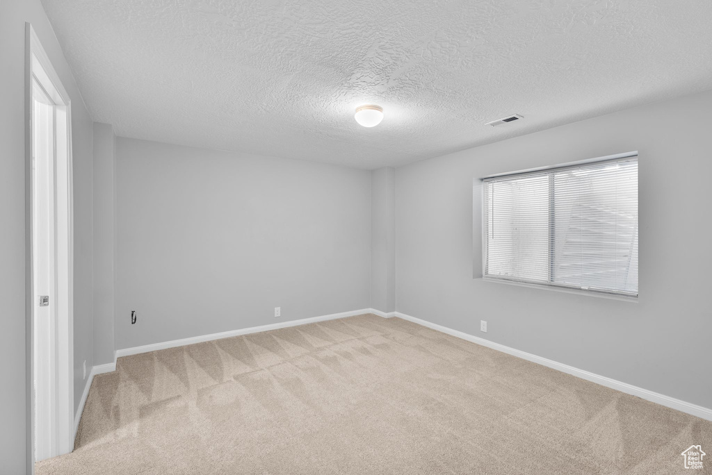 Spare room featuring light colored carpet and a textured ceiling