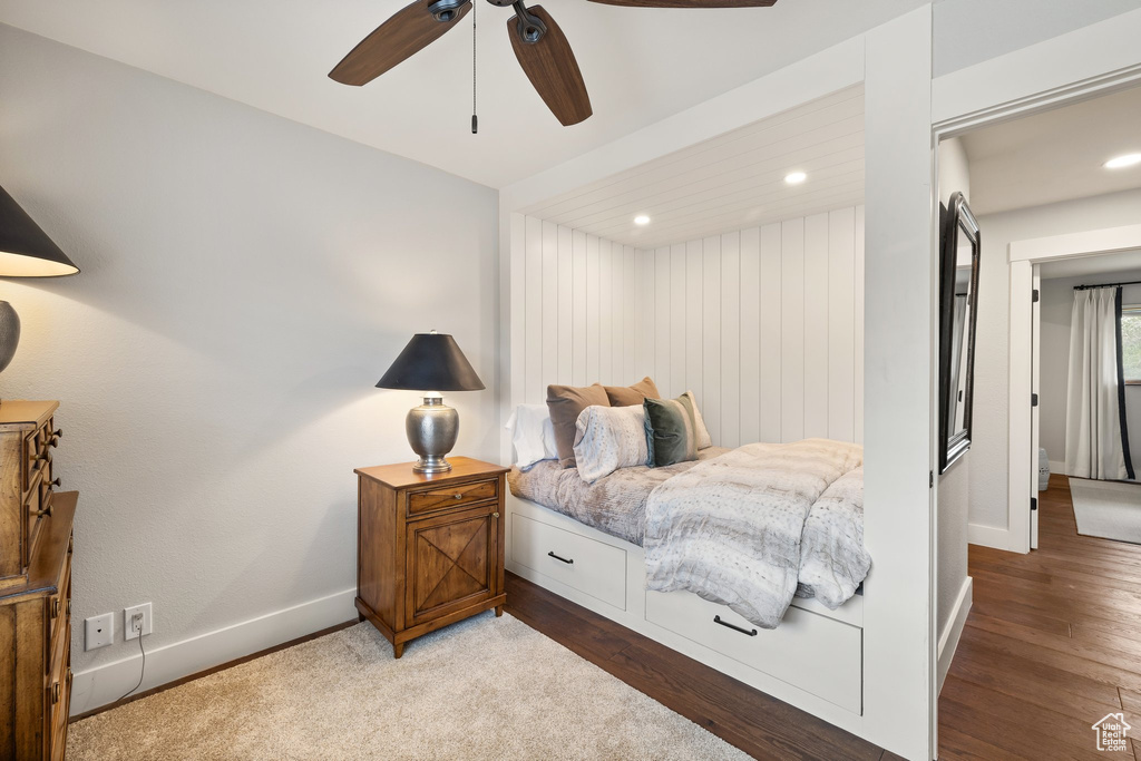 Bedroom with wood finished floors, recessed lighting, and ceiling fan