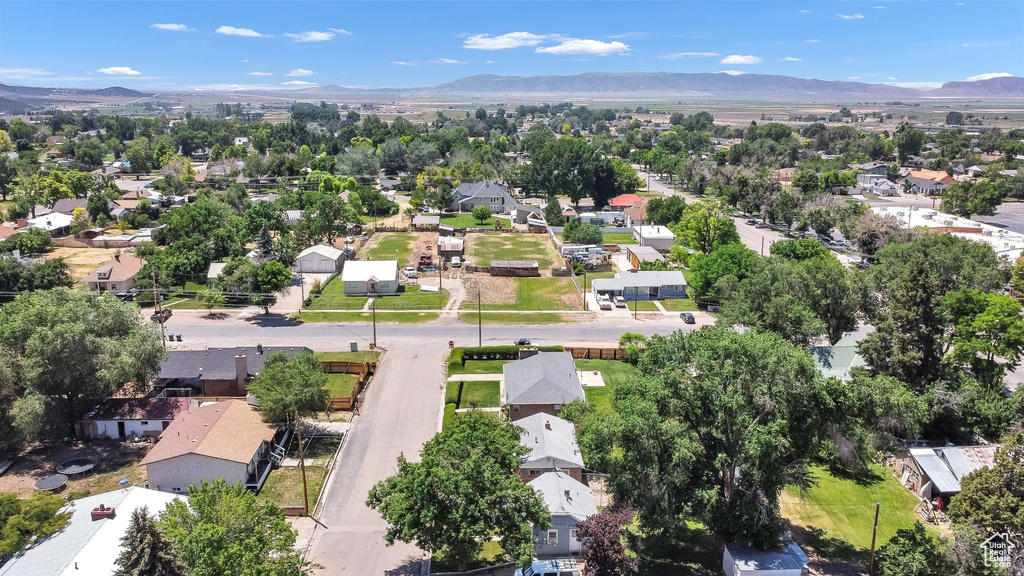 Aerial view of residential area with mountains
