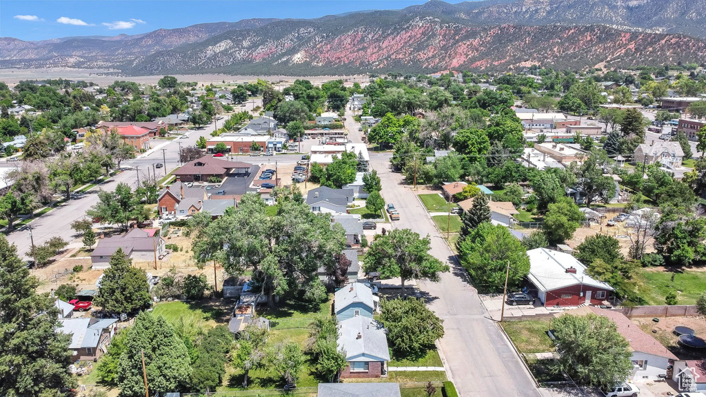 Aerial perspective of suburban area featuring a mountainous background