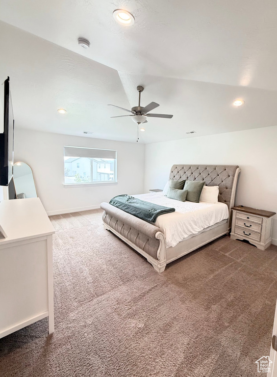 Bedroom with carpet, a ceiling fan, and recessed lighting