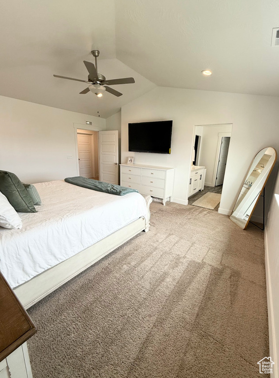 Bedroom featuring lofted ceiling, light colored carpet, recessed lighting, and a ceiling fan