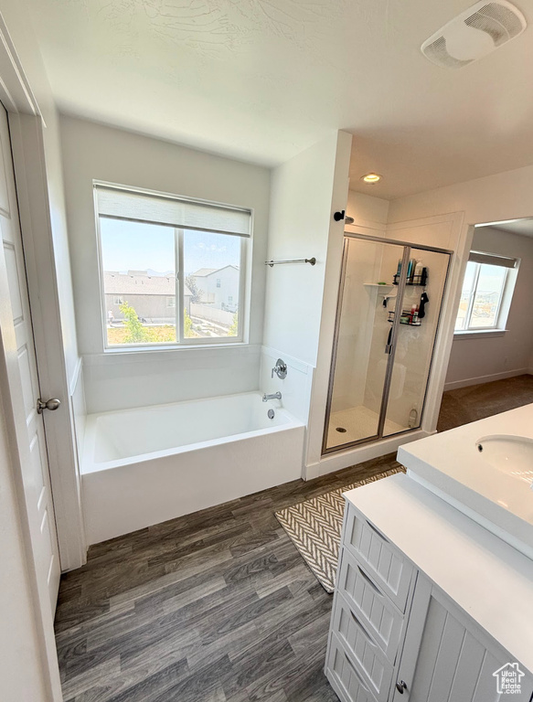 Bathroom featuring a stall shower, a garden tub, vanity, plenty of natural light, and recessed lighting