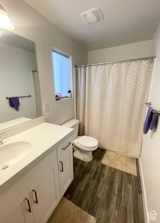 Bathroom with wood finished floors and vanity