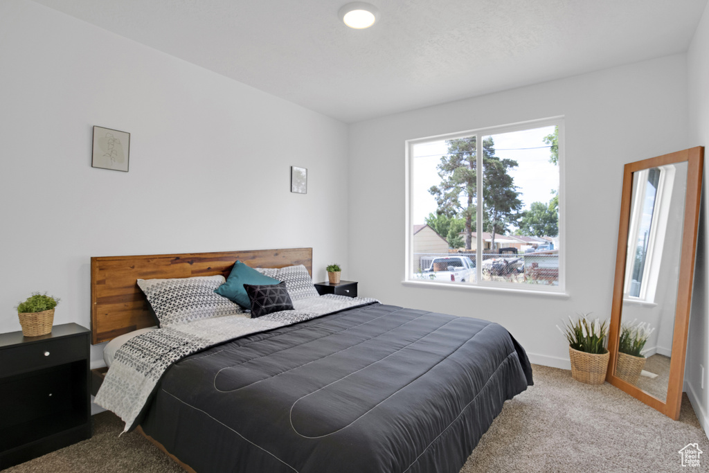 Bedroom featuring carpet floors and baseboards