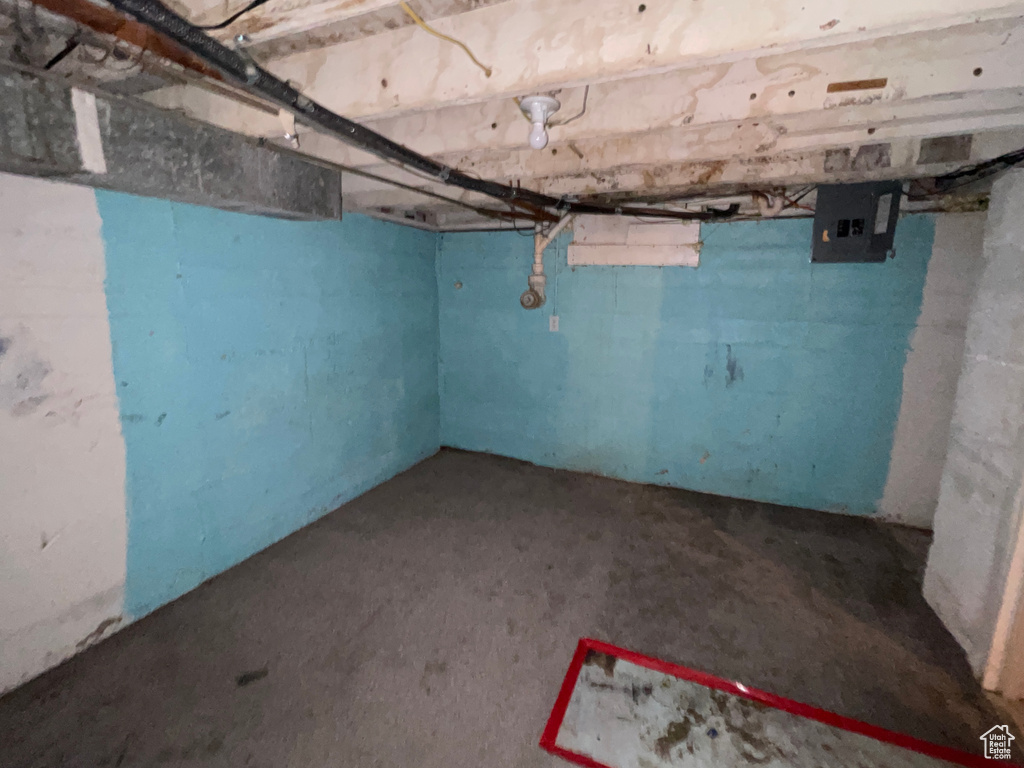 Unfinished below grade area with electric panel