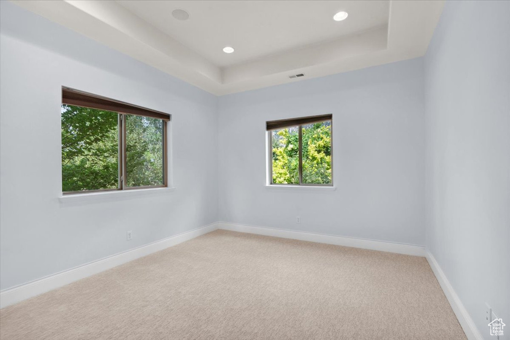 Empty room featuring light carpet, healthy amount of natural light, a raised ceiling, and recessed lighting
