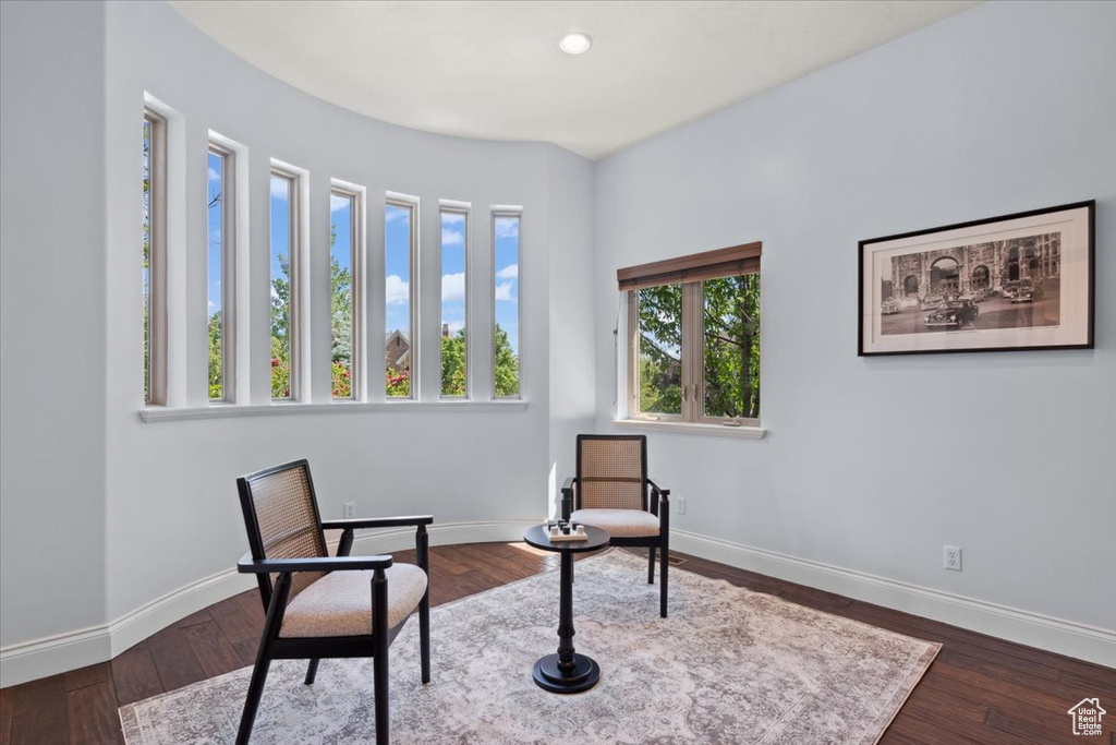 Living area with baseboards and dark wood-type flooring