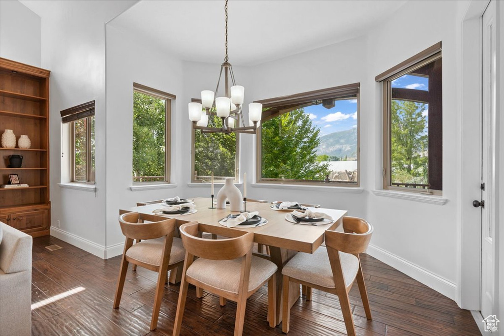 Dining space featuring a chandelier and dark wood-style floors