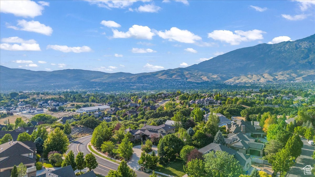 Aerial view of residential area with a mountain backdrop