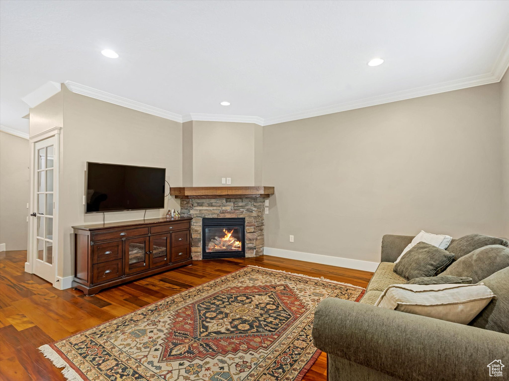 Living room with ornamental molding, wood finished floors, a stone fireplace, and recessed lighting