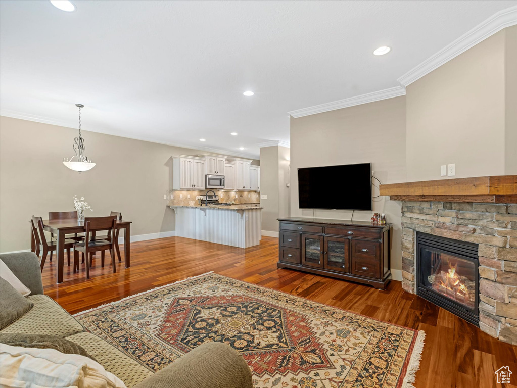 Living room with crown molding, wood finished floors, a fireplace, and recessed lighting