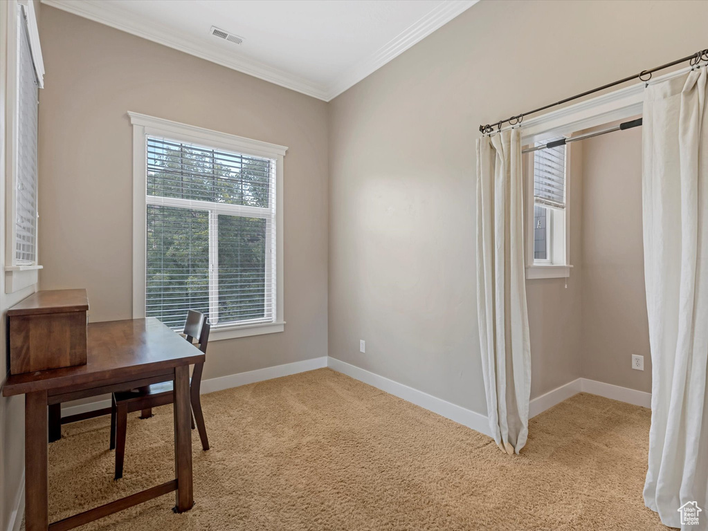 Office area with crown molding and light colored carpet