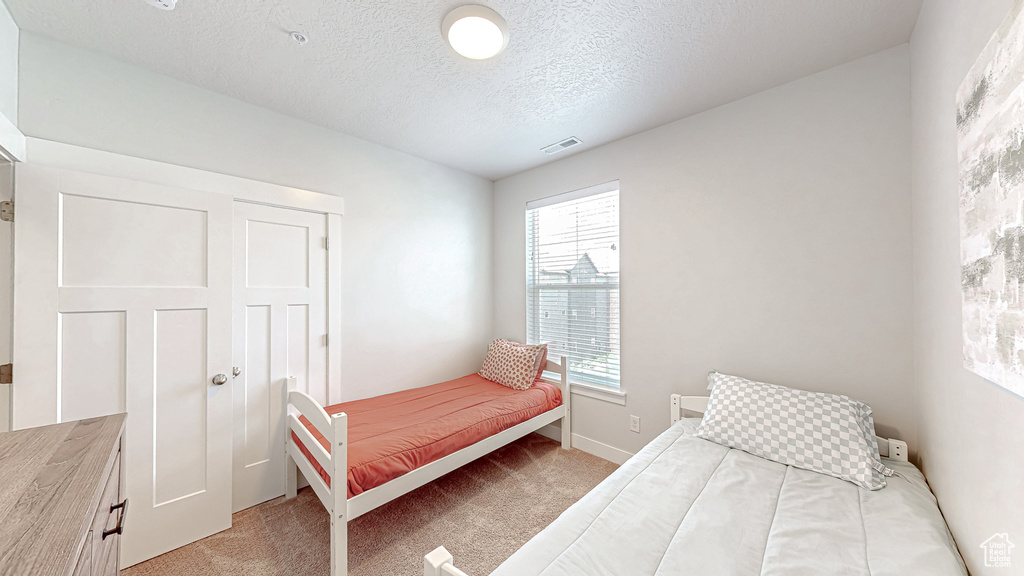 Bedroom with multiple windows, light colored carpet, and a textured ceiling