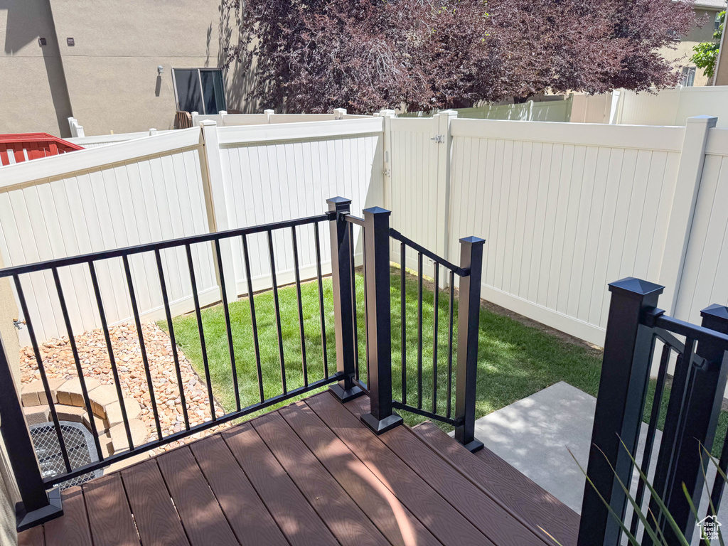 Wooden deck featuring a fenced backyard