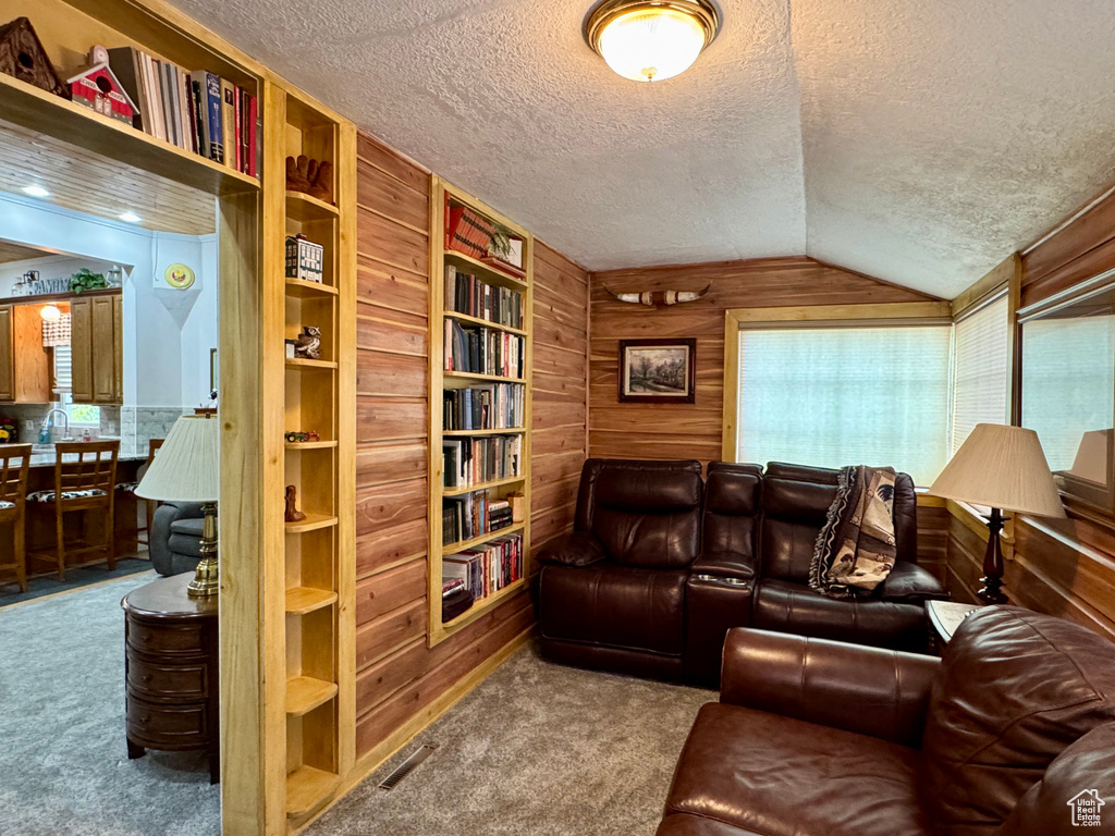 Living room with carpet floors, wooden walls, a textured ceiling, and lofted ceiling