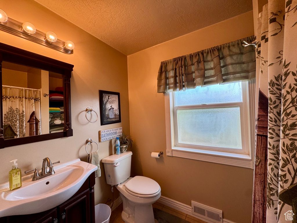 Full bathroom featuring vanity, a textured ceiling, and a shower with curtain
