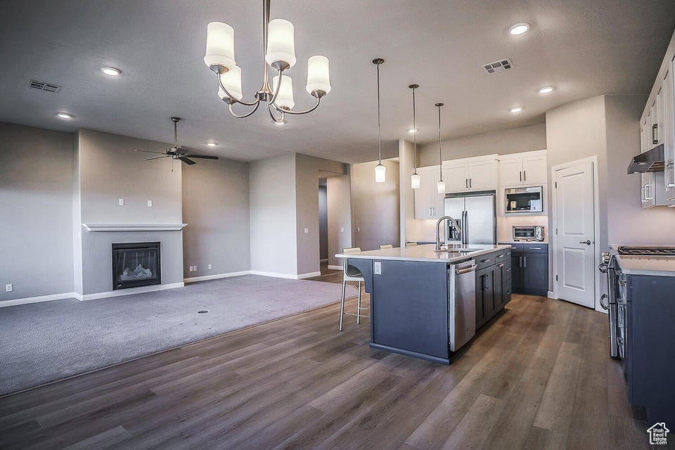 Kitchen featuring stainless steel appliances, ceiling fan, under cabinet range hood, light countertops, and a breakfast bar area