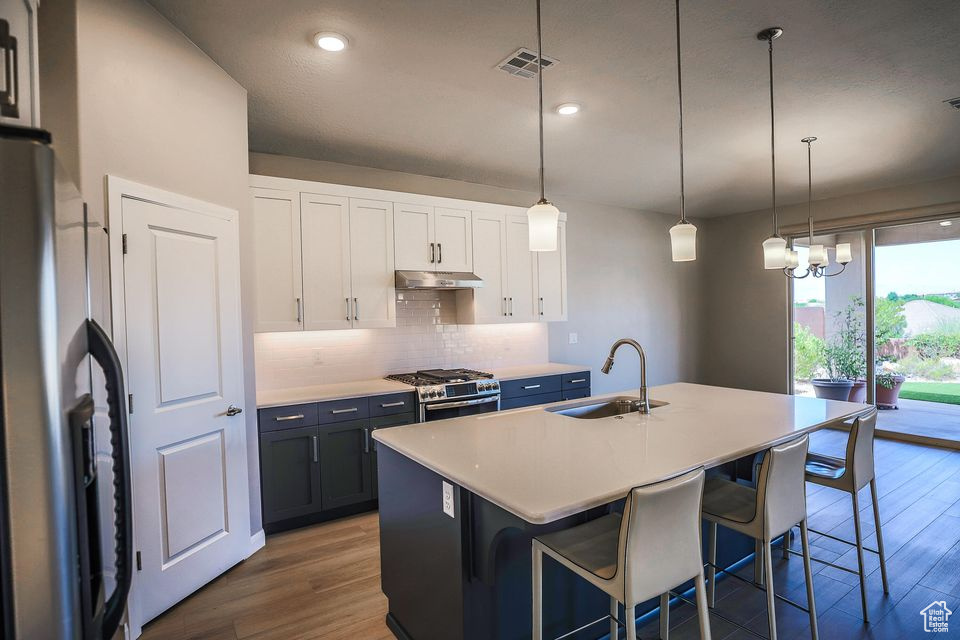 Kitchen with appliances with stainless steel finishes, under cabinet range hood, backsplash, wood finished floors, and recessed lighting