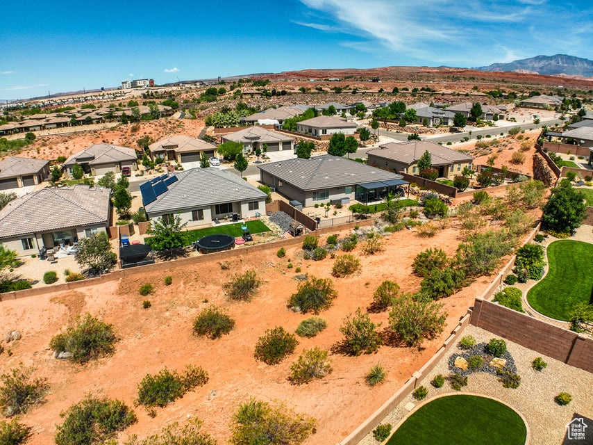 Aerial view of residential area with a mountain backdrop