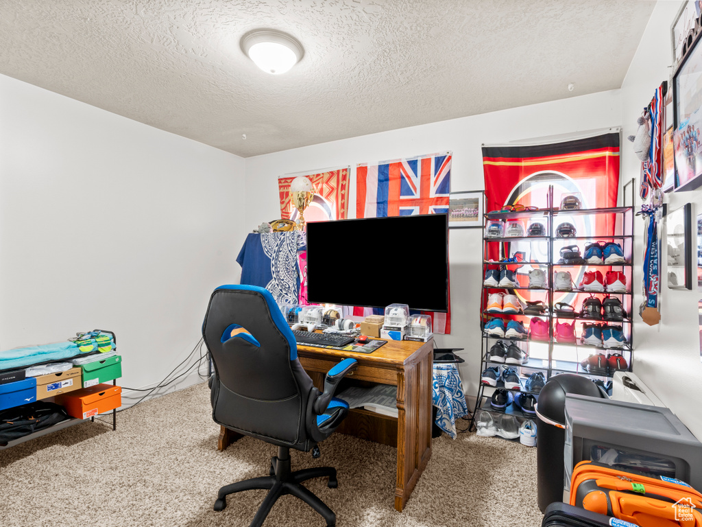 Carpeted home office featuring a textured ceiling