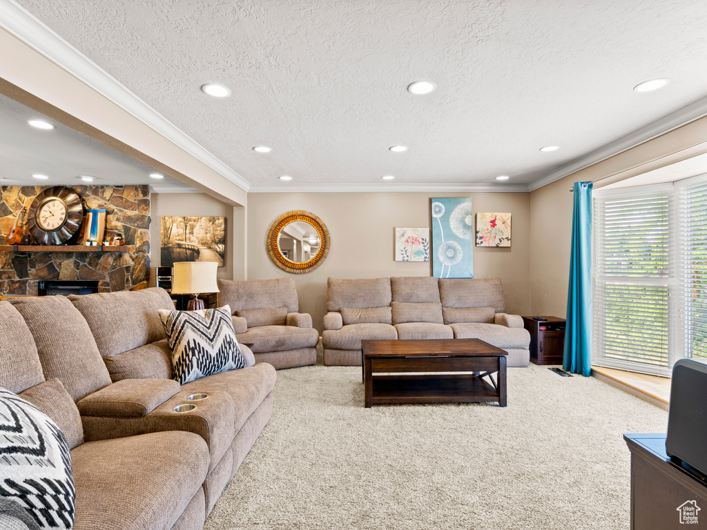 Living area with carpet floors, crown molding, a textured ceiling, recessed lighting, and a fireplace