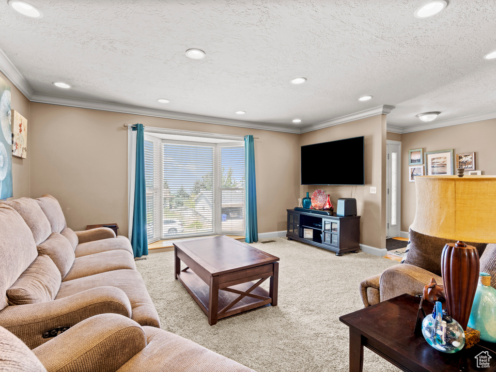 Living room with crown molding, light colored carpet, recessed lighting, and a textured ceiling
