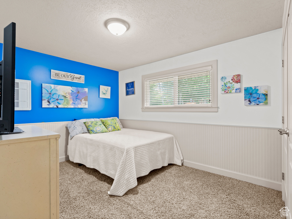 Bedroom with carpet, a wainscoted wall, and a textured ceiling