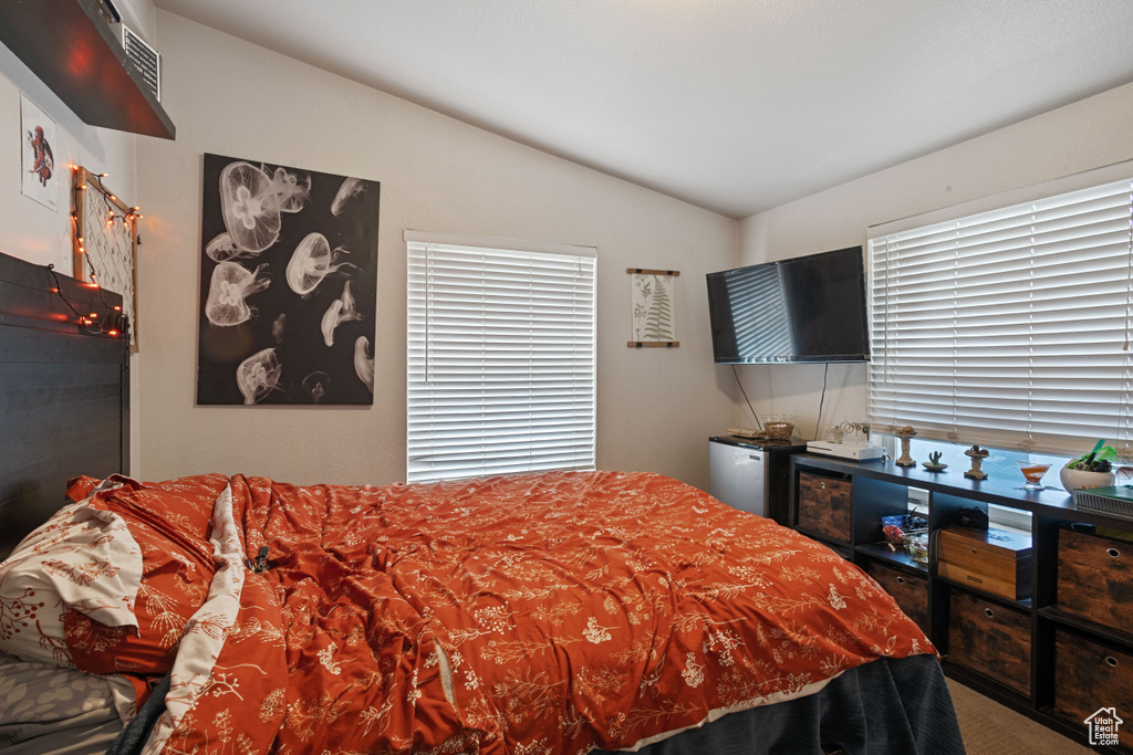 Bedroom featuring lofted ceiling
