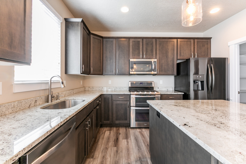 Kitchen featuring appliances with stainless steel finishes, light wood finished floors, dark brown cabinetry, light stone countertops, and pendant lighting