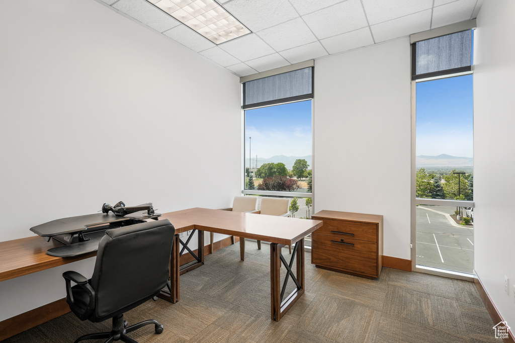 Office featuring floor to ceiling windows, a paneled ceiling, and a mountain view