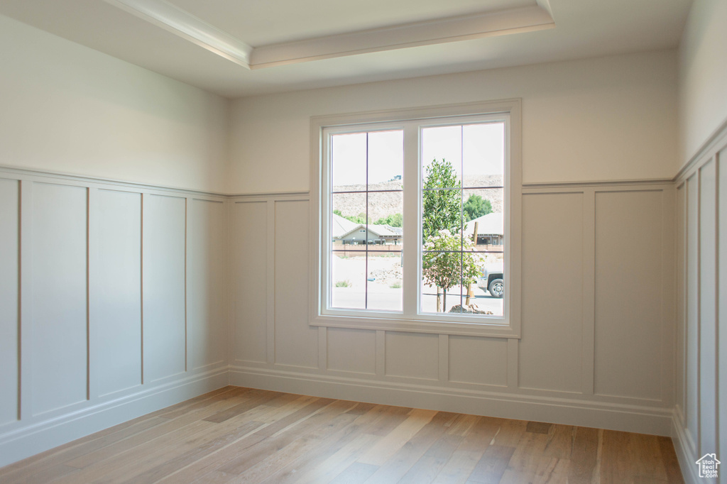 Spare room with a decorative wall, light wood finished floors, a tray ceiling, and a wainscoted wall