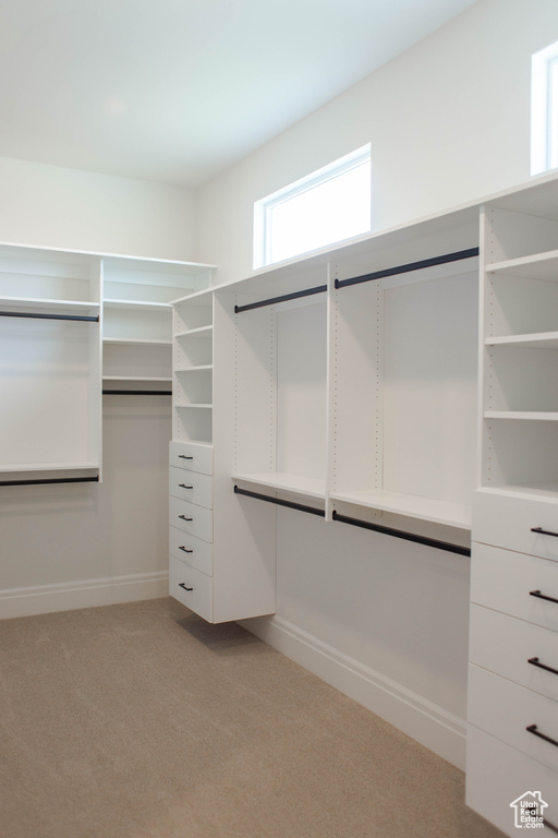Walk in closet with light colored carpet