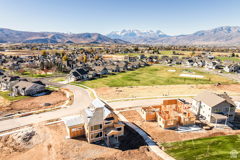 Aerial view of residential area with mountains