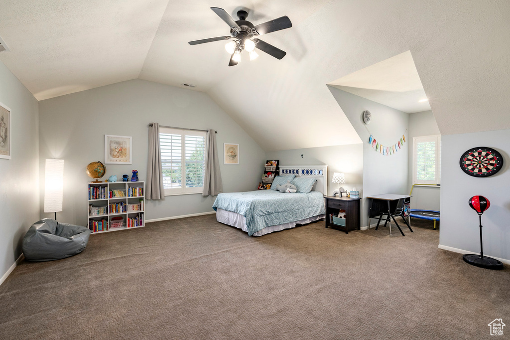 Carpeted bedroom with vaulted ceiling and a ceiling fan