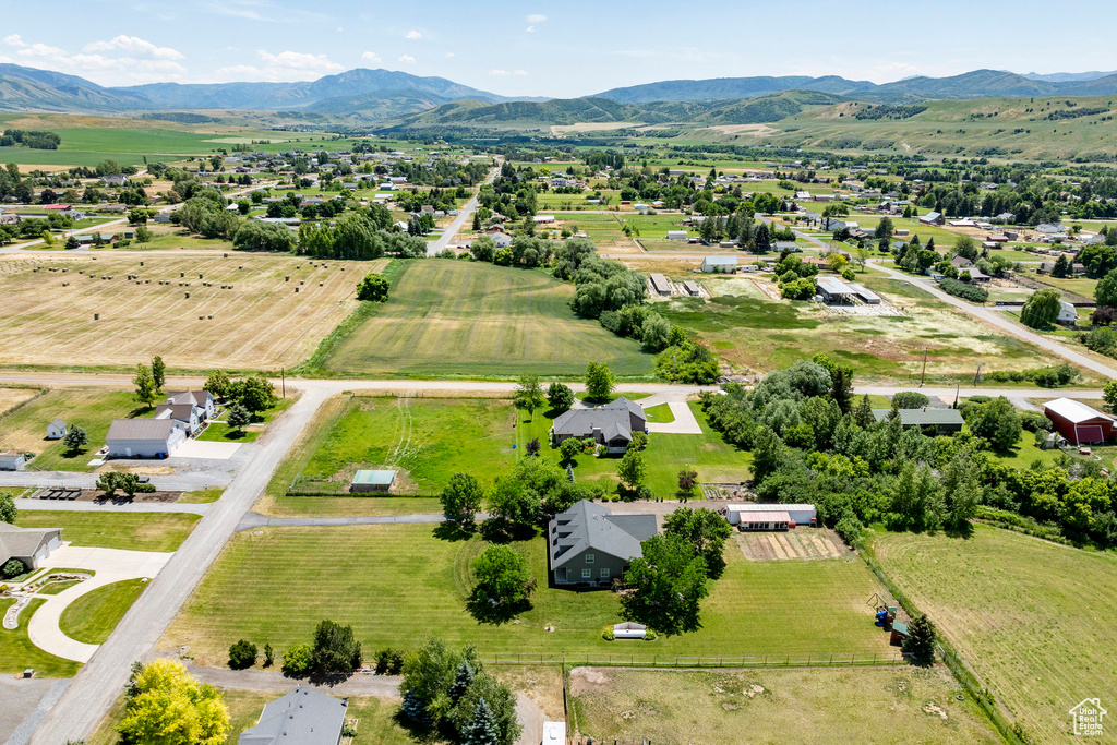 Overview of rural landscape featuring mountains