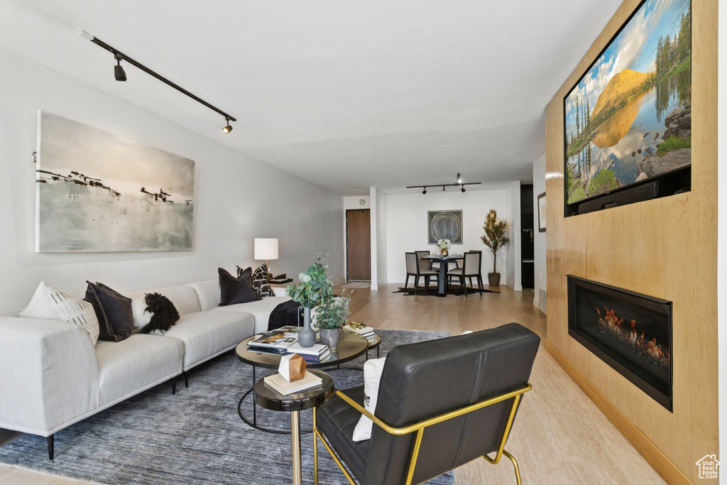Living room featuring rail lighting, a glass covered fireplace, and wood finished floors