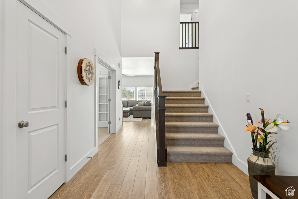 Stairs with wood finished floors and baseboards