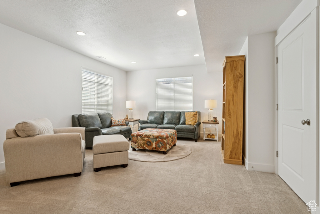 Carpeted living room featuring recessed lighting and baseboards