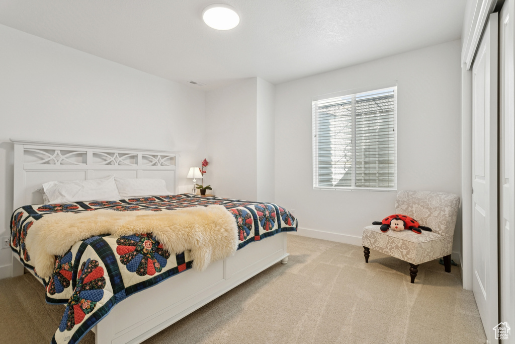 Bedroom featuring carpet flooring and a closet
