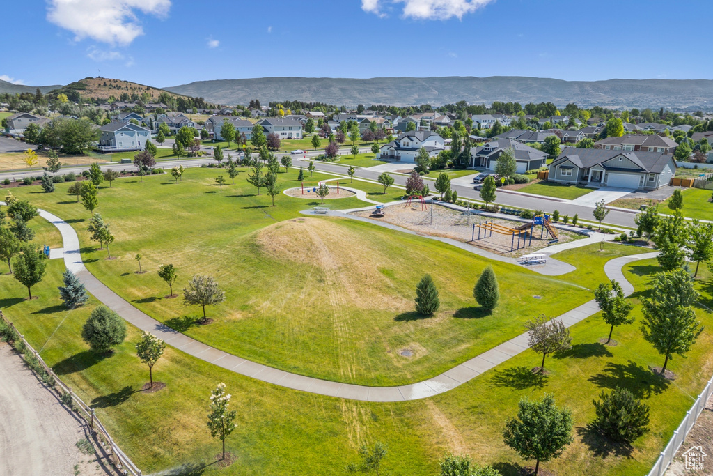 Aerial view of residential area with a mountain backdrop
