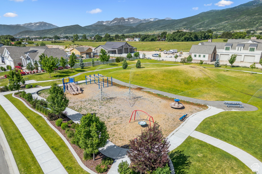 Aerial perspective of suburban area featuring a park and mountains