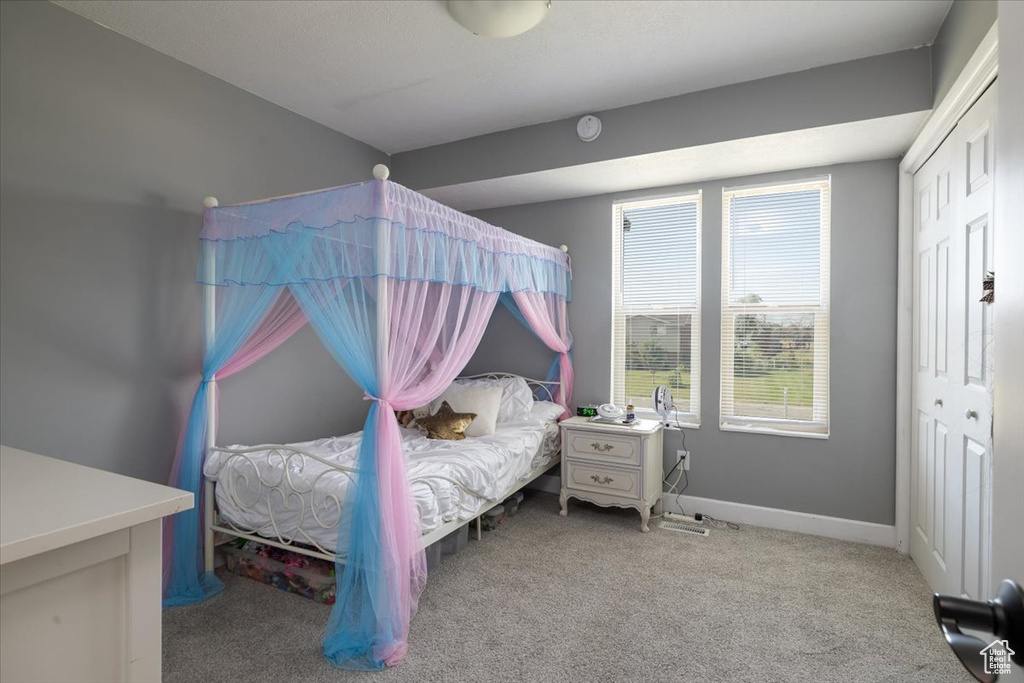 Carpeted bedroom with a closet and baseboards