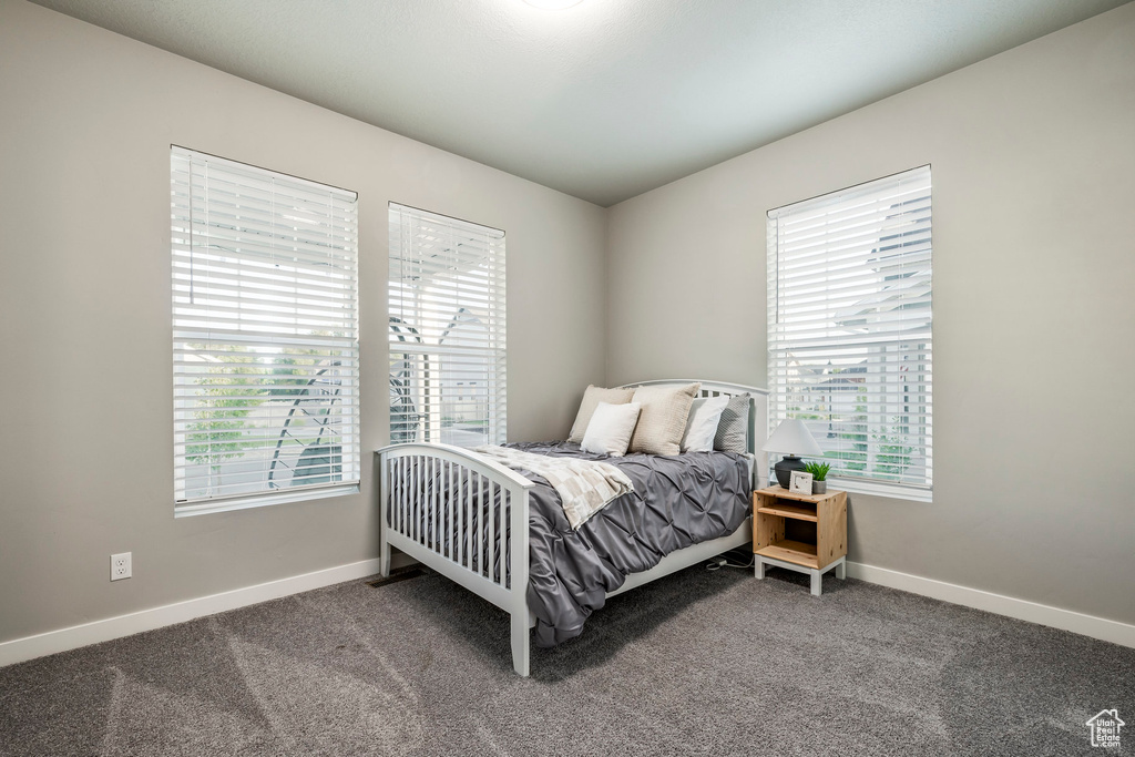 Bedroom with multiple windows and carpet floors